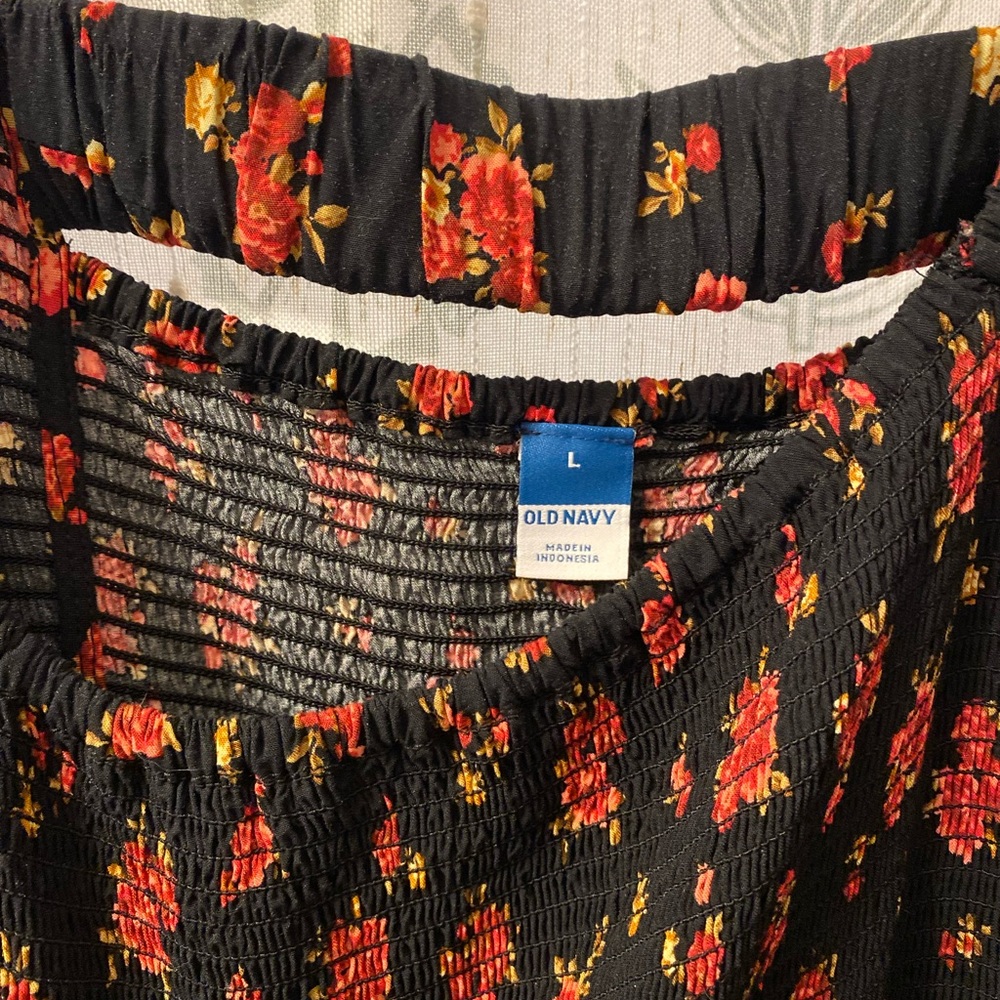 Floral Black and Red Women's Smocked Dress - Picture 2 of 5